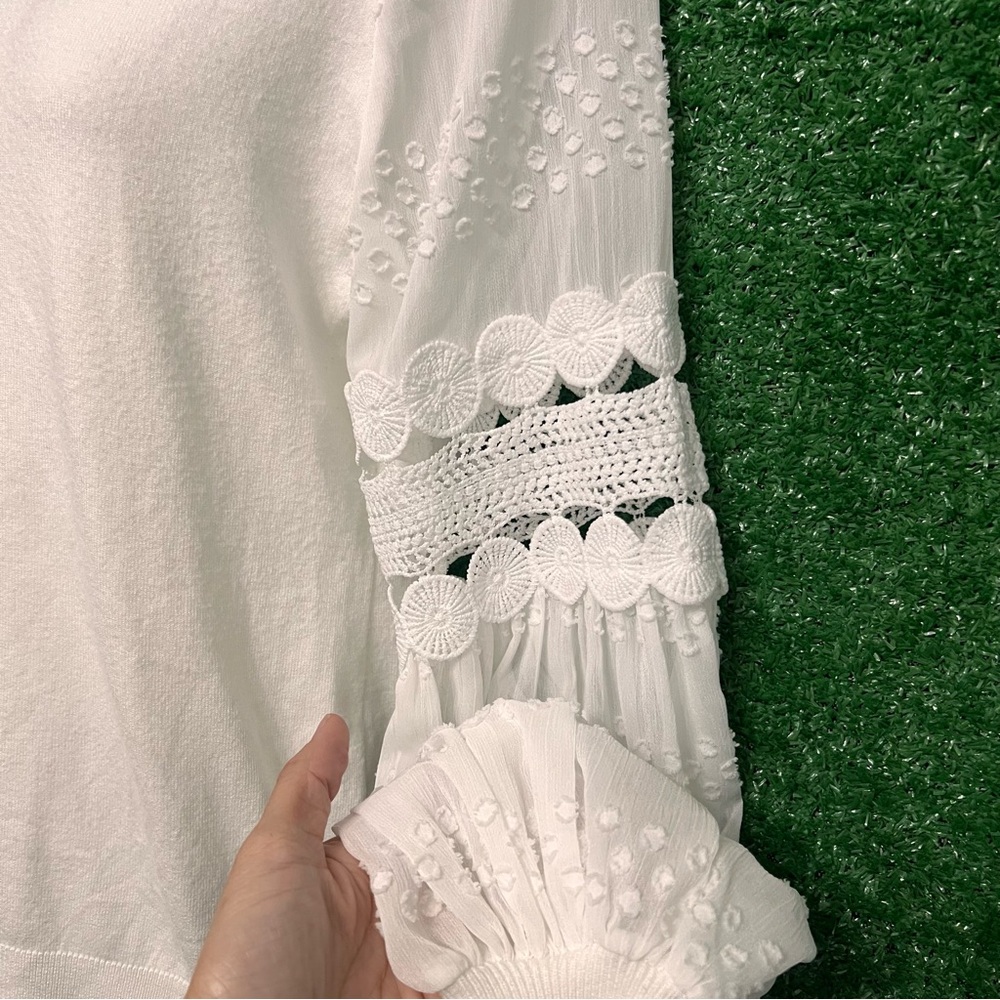Sioni White Boxy 3/4 Sleeve Embellished Bohemian Sweater Bell Sleeve Crochet - Picture 4 of 8